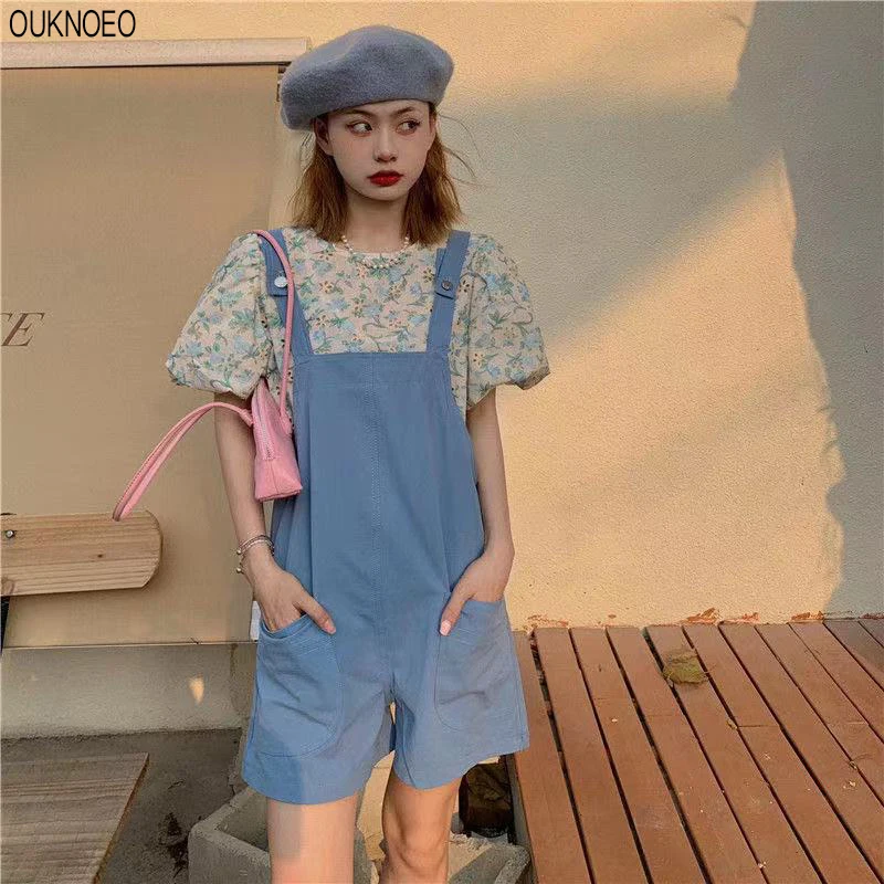 

New 2021 Women Jumpsuits Suit Korean Student Style Floral Sleeve Top + Loose Strap Shorts Streetwear Summer Woman Overalls Set