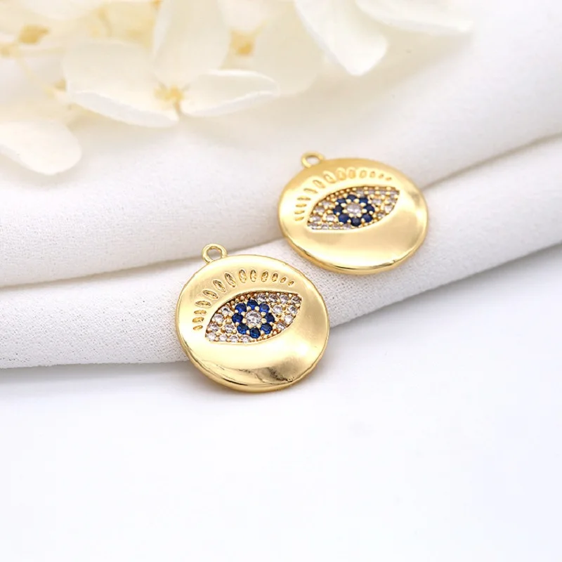 

18K Gold All Seeing Micro Pave CZ Turkish Eye Sunburst Charms Blue Filled Universe Eye Coin Pendant For Necklace Jewelry Making