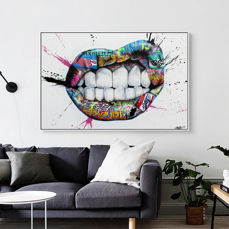 

Abstract Color Painting Graffiti, Mouth, Teeth, Modern Personalized Creative Lip Mural, Living Room Wall Art Poster Decoration