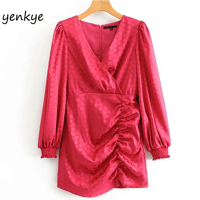 Женское винтажное платье сатин в горошек женское мини с рукавом фонариком и v