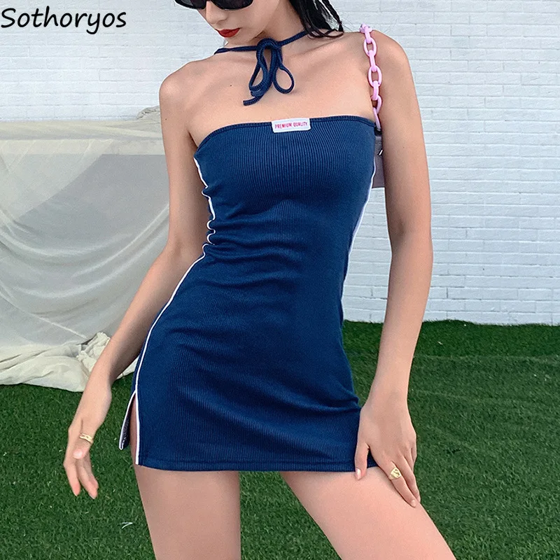 

Women Sleeveless Dress Solid Neck-mounted Female Sexy Sheath Slim Mini Length Dress Side Slit Mujer Fashion Summer Clothing Chic