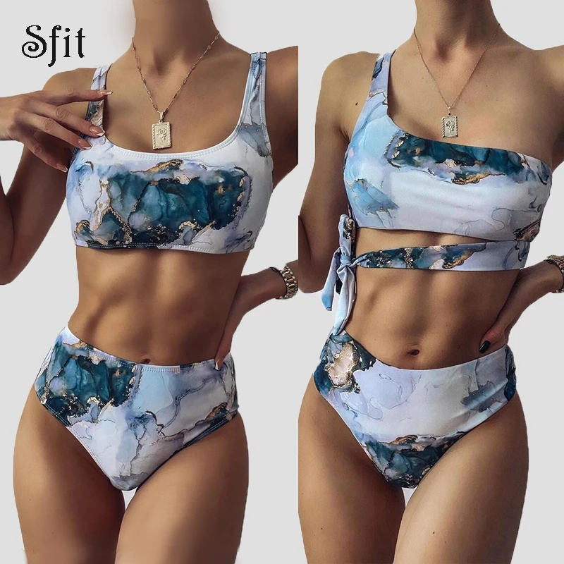 

Sexy Print Bikini High Waist Beach Sport Bathing Suit Biquinis 2021 Summer New Marble Printed Push Up Bandeau Swimsuit Beachwear