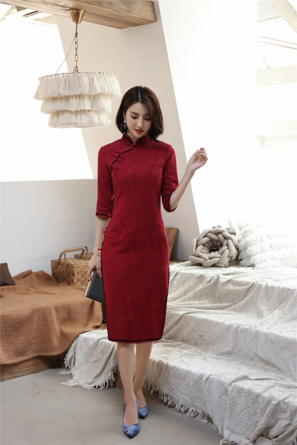 Шанхай история Половина рукава по колено cheongsam платье хлопок лен Винтаж Ципао китайское платье китайский стиль платье для женщин