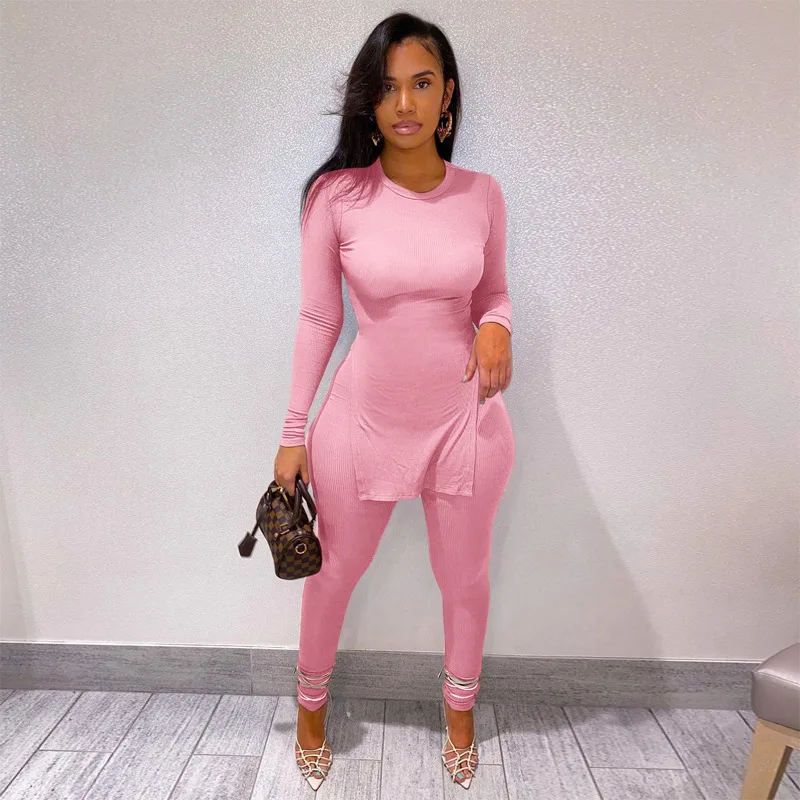 

Женский спортивный костюм из двух предметов, однотонная трикотажная футболка с длинным рукавом и разрезом для фитнеса