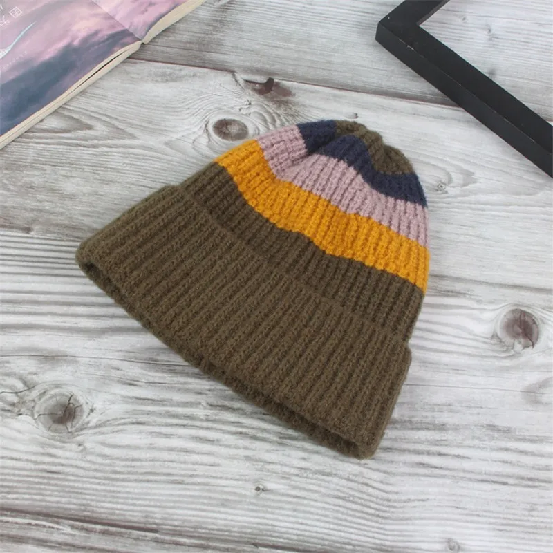 Цветная полосатая плотная вязаная шапка LDSLYJR зимняя теплая шапочки Шапка бини