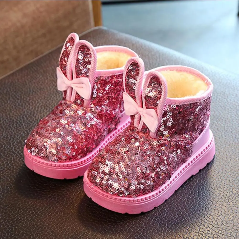 Зимние ботинки с блестками для девочек зимняя теплая детская обувь на плоской