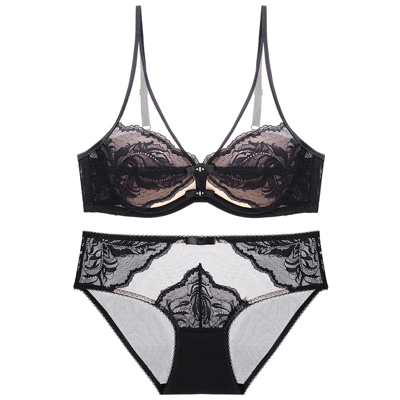 

2021 new brand small chest gathered underwear female summer adjustable sexy lace bra set