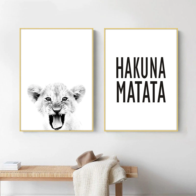 

Hakuna Matata Quote Scandinavian Art Canvas Painting Baby Lion Print Wildlife Animal Black White Poster for Kids Room Home Decor