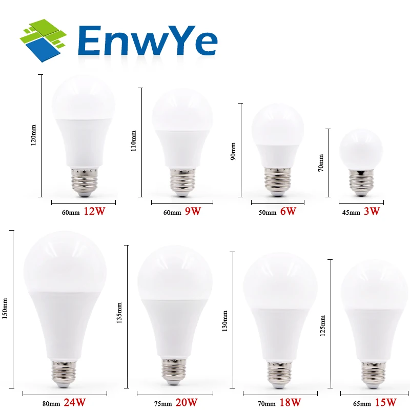 EnwYe светодиодный 3 Вт, 6 Вт, 9 Вт, 12 Вт, 15 Вт, 18 Вт, 20 Вт, 24 Вт, 220 В, E27 Светодиодный светильник Smart IC, реальная мощность, холодный белый/теплый белый свет