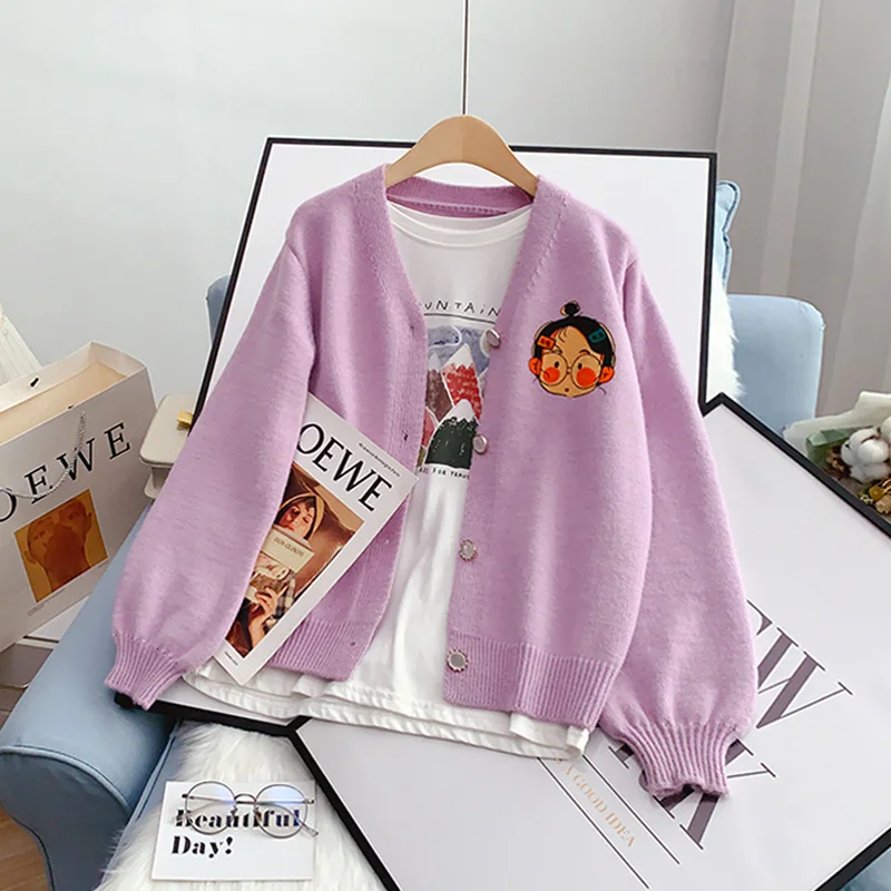 

EBAIHUI Cardigan Woman Cartoon Girls Print V-Neck Sweater Coats Knitted Casual Loose Female Jumper 2021 Chic Women's Cardigans