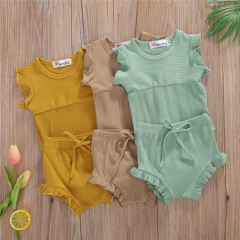 

Infant Kid Baby Girls Summer Clothes Newborn Baby Girls Ruffles Sleeveless Knitted Bodysuits Shorts Ribbed Outfits 2pcs
