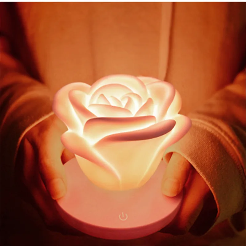 

USB Charging Rose Night Light Three-speed Touch Dimming LED Silicone Atmosphere Table Lamp Holiday Decoration Gift Romantic