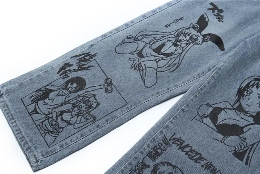 

Cartoon Printed Jeans Men BF Harajuku Fashion Street Casual Fashion graffiti loose blue Denim pants Man Straight trousers w1418
