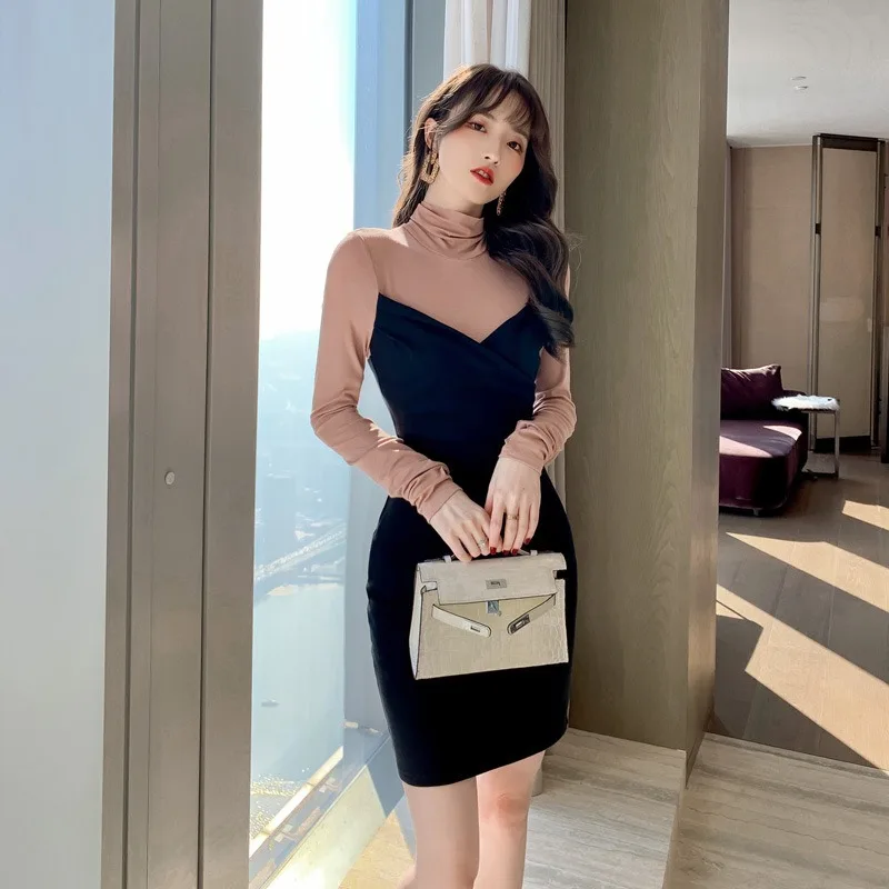 

2021 Korean Elegant Women Office Causal Sexy High Neck Patchwork Long Sleeve Slim Bottom Dress
