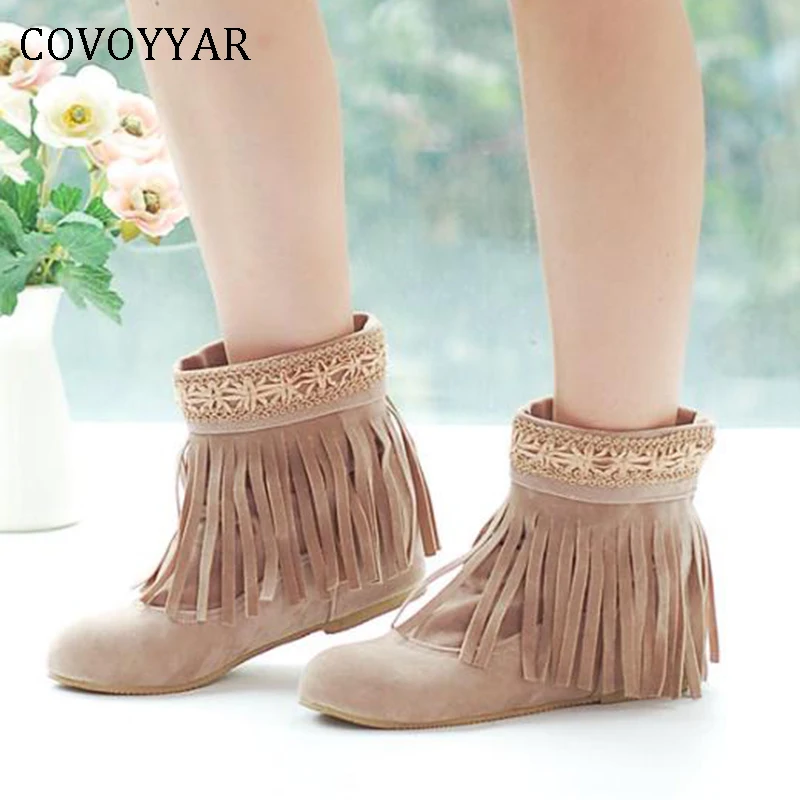 Женские ботильоны с бахромой COVOYYAR демисезонные полусапожки из флока плетеной