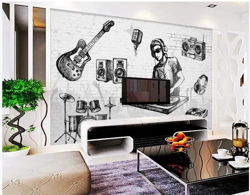 3d обои на заказ фотообои ручная роспись музыка гитара барабанная стойка