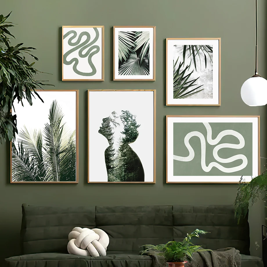 

Green Wall Art Canvas Painting Leaves Abstract Boy Shadow Line Nordic Posters And Prints Wall Pictures For Living Room Decor