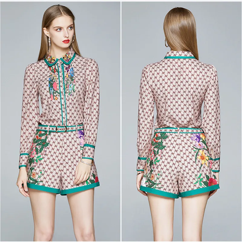 

Runway Khaki Letter Two Piece Suit Set 2020 Autumn Spring Women Long Sleeve Flower Print Shirt Top Pocket Belted Shorts Set