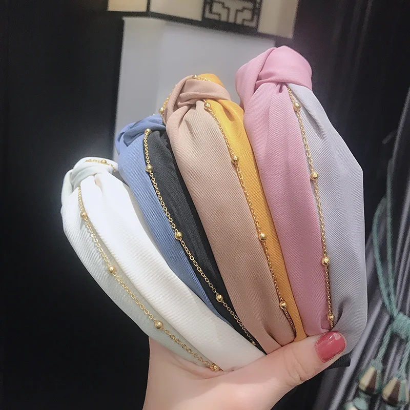 

New Wide Knotted Headband Chain Bicolor Bezel Cloth Hair Hoop Fashion Korean Women Headdress Girls Simplicity Hair Accessories