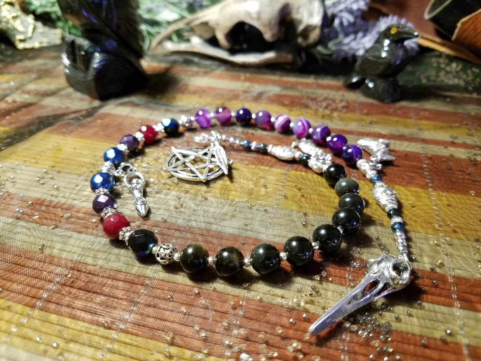 

Morrigan Pagan Prayer Beads, Lace Agate Mala Beads, Worry Beads, Raven Crow Witches' Ladder, Wiccan Meditation Beads