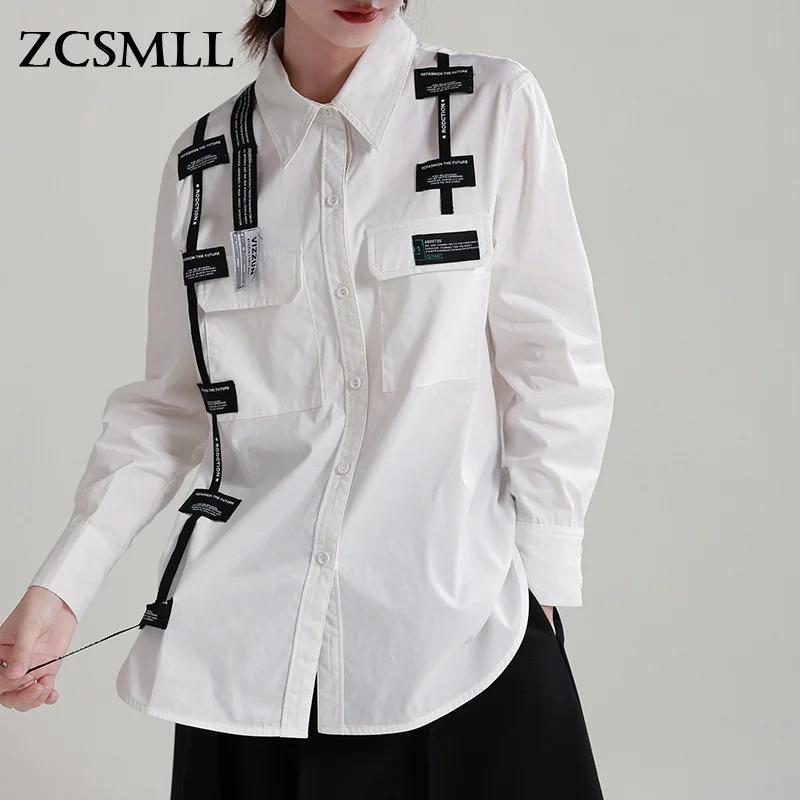 

ZCSMLL Women White Patch Spliced Casual Blouse New Lapel Long Sleeve Loose Fit Shirt Fashion Tide Spring Autumn 2021 TH1150