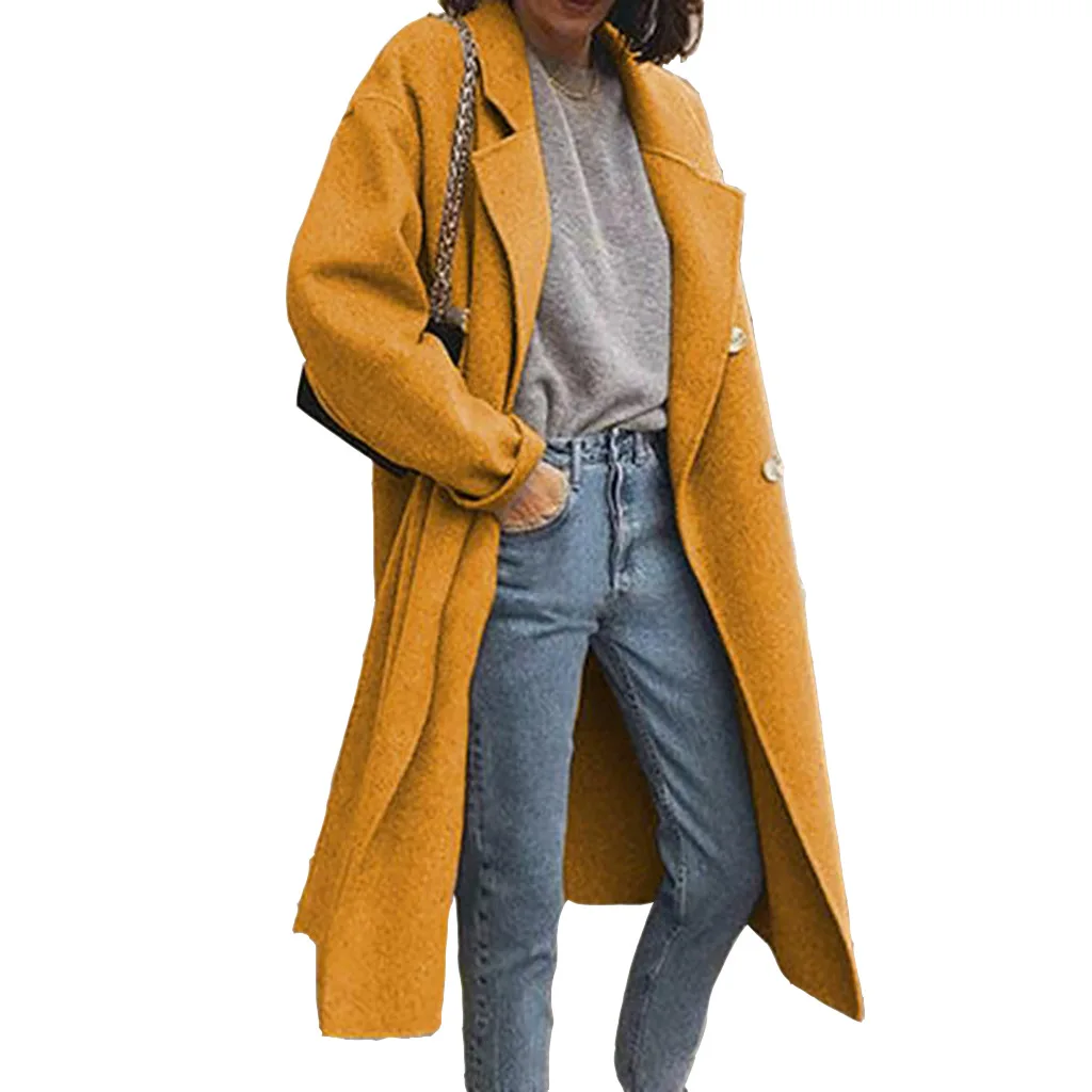

2021 New Winter Double Woolen Coat Women Casual Long Sleeve Turn Down Collar Double Breasted Wide Waisted Jacket Women Trench