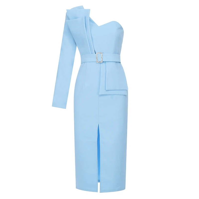 INDRESSME, новинка, пряжка на пояс, передний разрез, Vestidos, модное, на одно плечо, с длинным рукавом, плиссированное, укороченные, женские, вечерние, облегающее платье