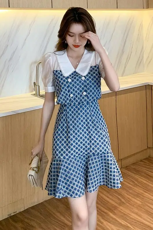 

COIGARSAM Women One Piece Korea Dress Summer New Office Lady Short Sleeve Patchwork Peter Pan Collar High Waist Blue Dresses