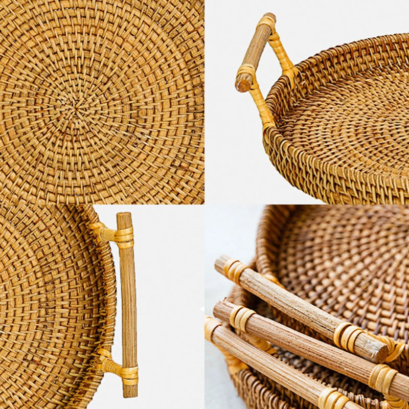 

Handle Rattan Tray Hand-Woven Plate Storage Anti-scald Round Basket Wicker Basket Storage Tray Handicrafts Fruit Plate Eco