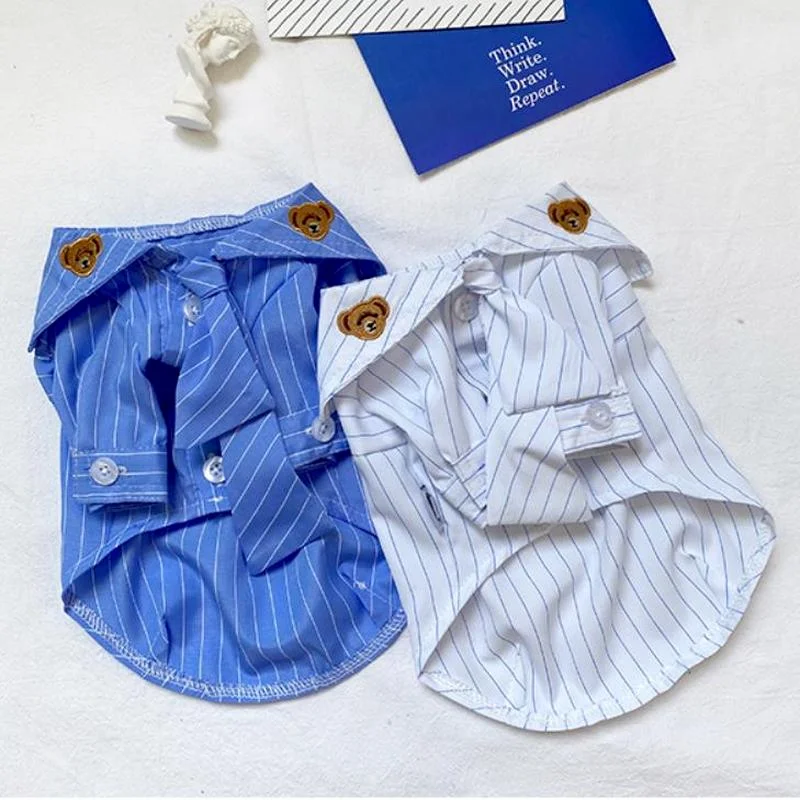 

Pet Dog Shirt for Small Dogs Cute Bear Embroidered Pomeranian Chihuahua Yorkie Tshirt Striped Navy Dog Clothes Puppy Costume