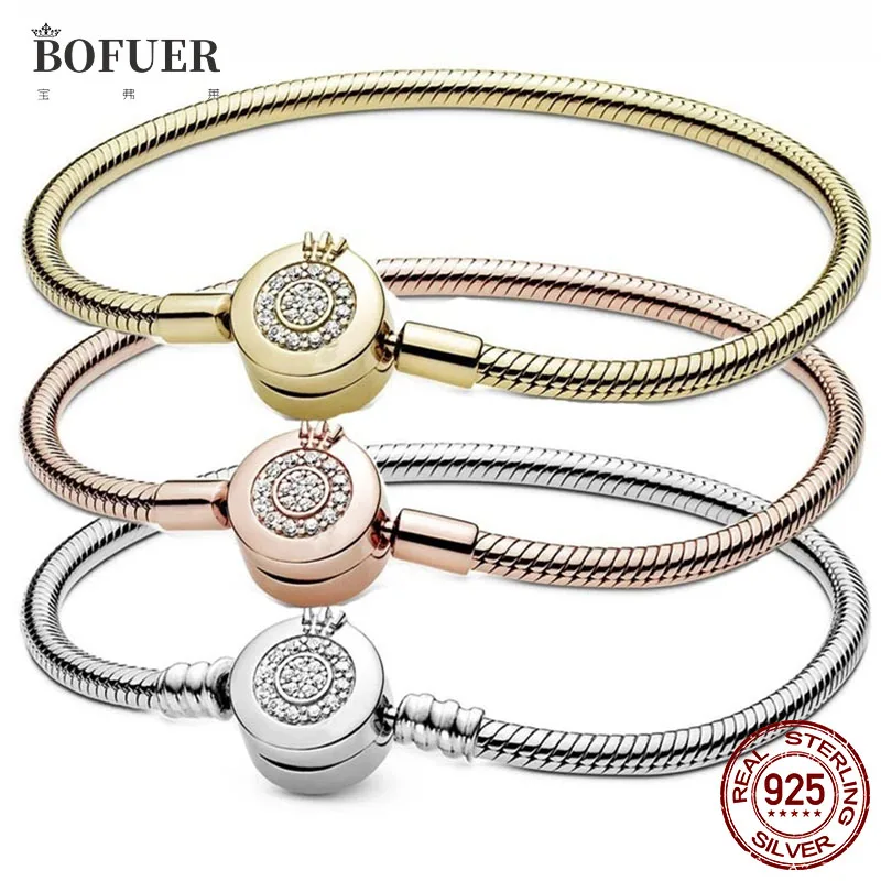

100% 925 Sterling Silver Shining Crown Letter O Snake Bone Chain Bracelet Fit Original Bracelet Charms Bead Jewelry For Women