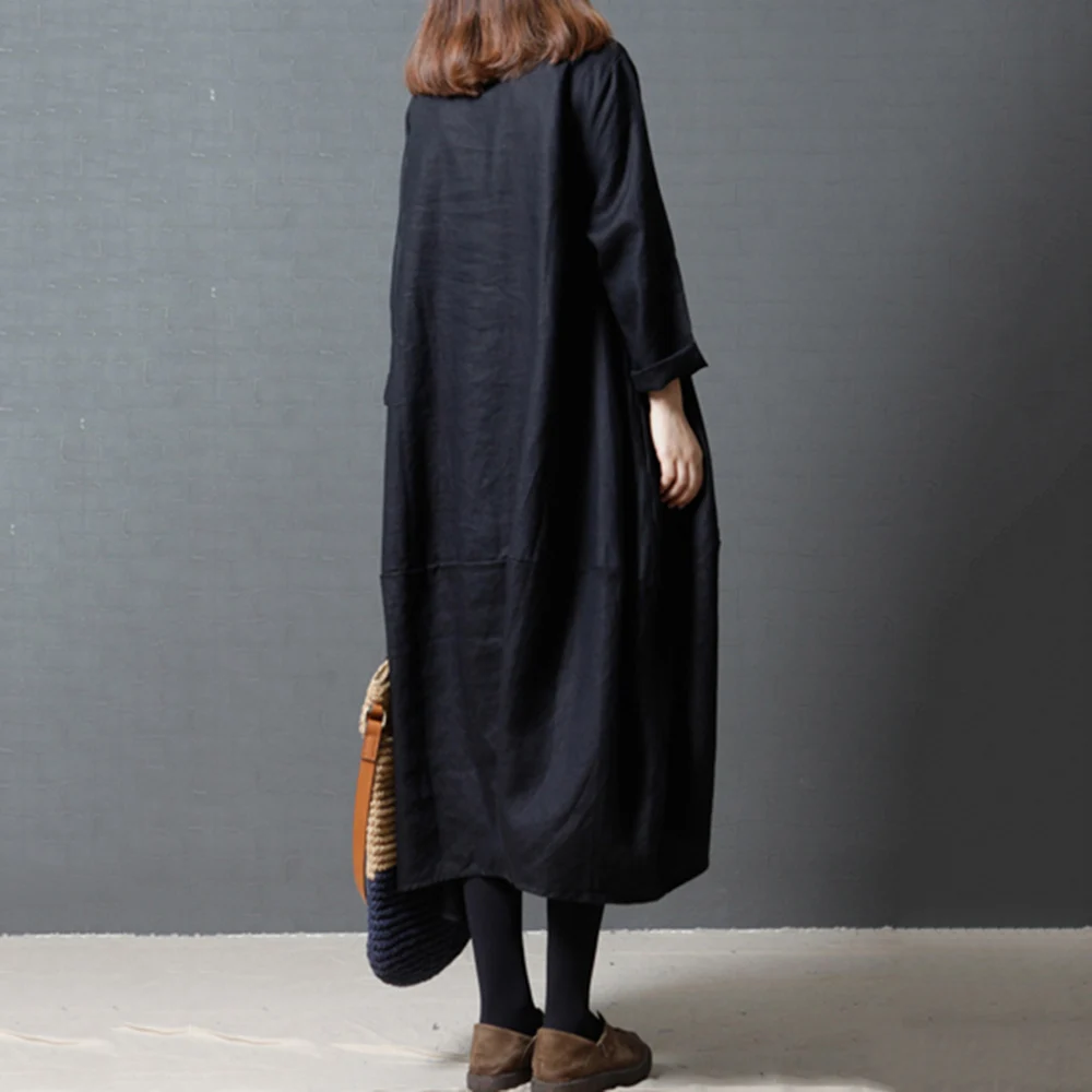 Хлопковые льняные миди платья в японском стиле свободного размера плюс