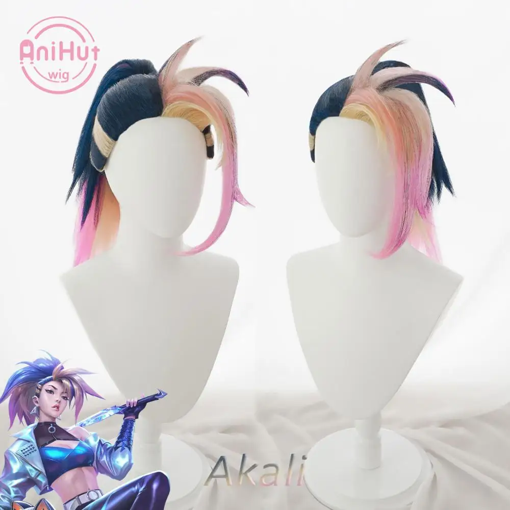 

【Anihut】Akali Cosplay Wig Game LOL KDA The Baddest League of Legends Women Akali Ponytail Halloween Cosplay Hair