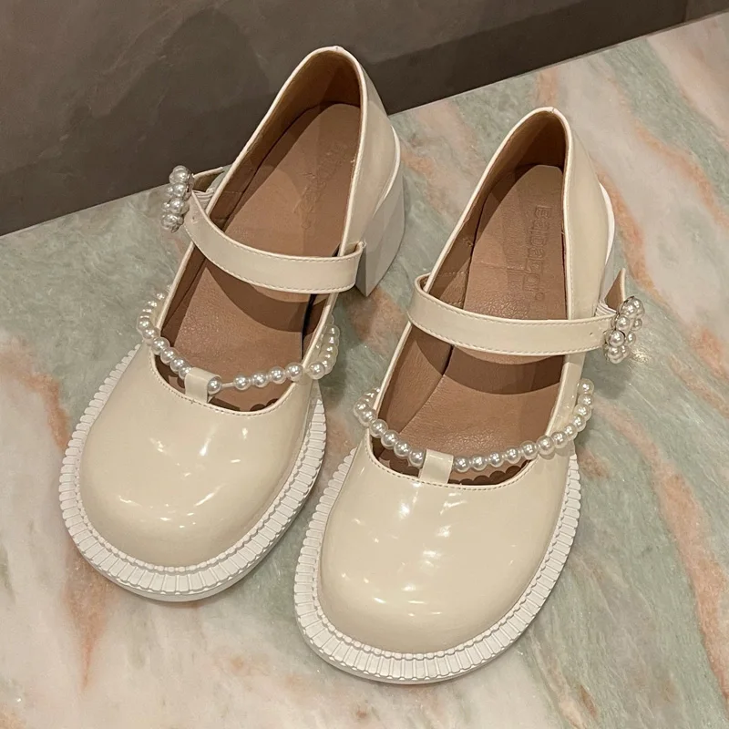 

Vintage Mary Jane Women's Shoes Spring And Summer New Exquisite Pearl Decoration Round Toe Shallow Mouth Small Leather Shoes