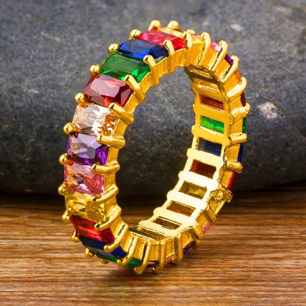 

AIBEF New Classic Gold Rainbow Ring AAA Cubic Zirconia Crystal Rhinestone Wedding Ring Women Jewelry For Bridal Christmas Gifts
