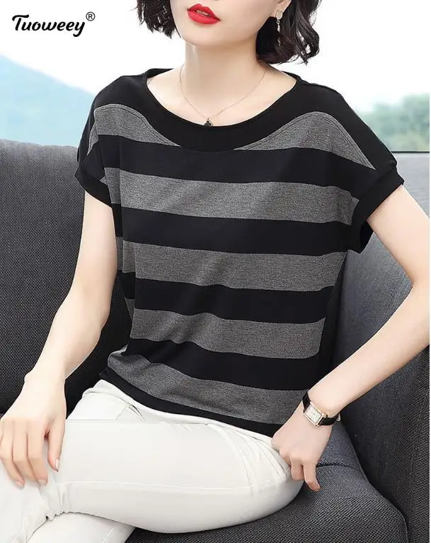 

Large Size Striped Bat Sleeve Round Neck loose T-shirt Pure Cotton Striped Short-sleeved T-shirt Women Loose Pullover Spring