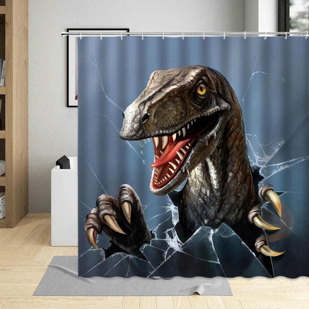 

Creative Personality Bathroom Curtains Scary Dinosaur Printing Boys Shower Curtain Waterproof Bathtub Decor Screen With 12 Hooks