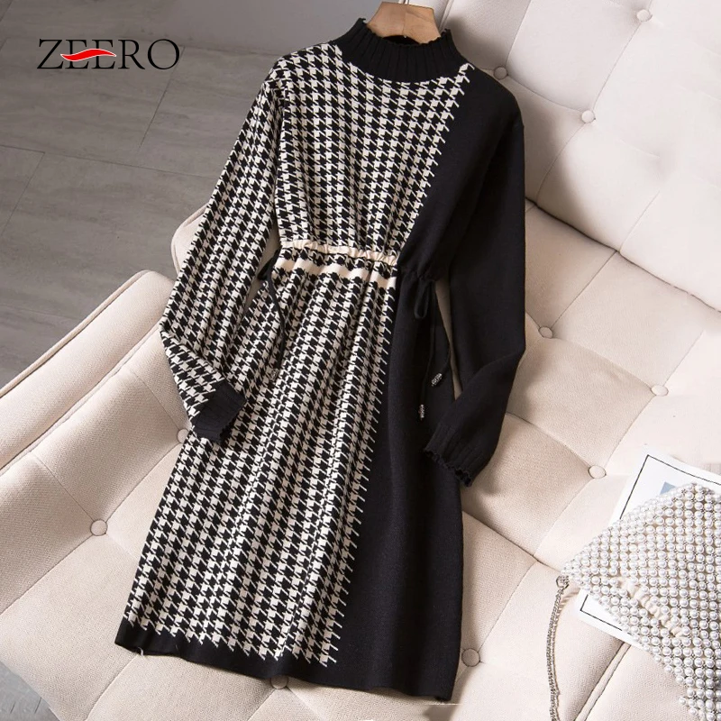 

Autumn Winter Female Stand-up Collar Long Sleeve Elastic Waistband Base Knitting Dress for Women Plaid Splicing Midi Dresses 4XL