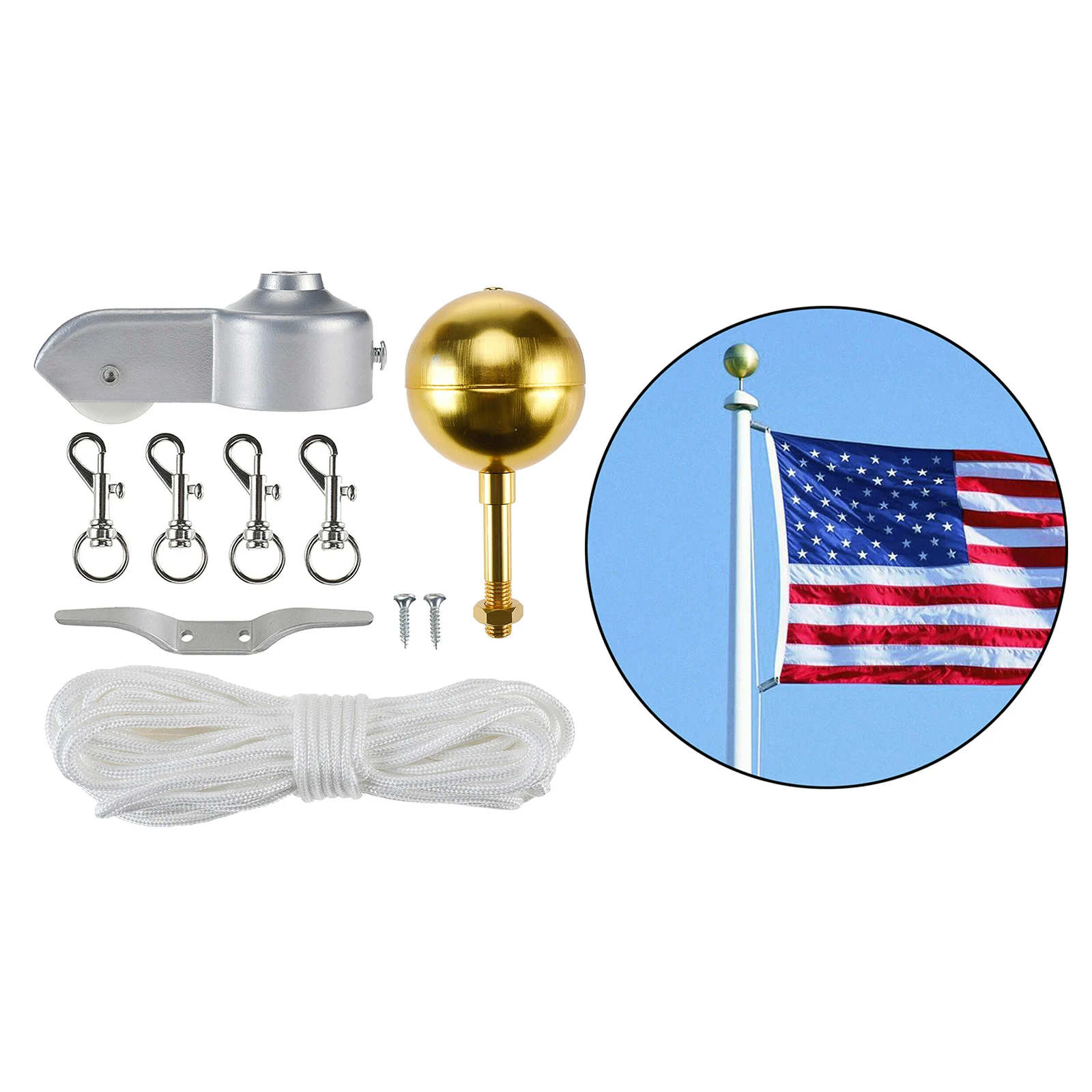 

1pc Flagpole Hardware Repair Kit 50 Ft Halyard Rope 4 Flagpole Swivel Snap Clips Flagpole Truck for 2" Top Garden Decoration