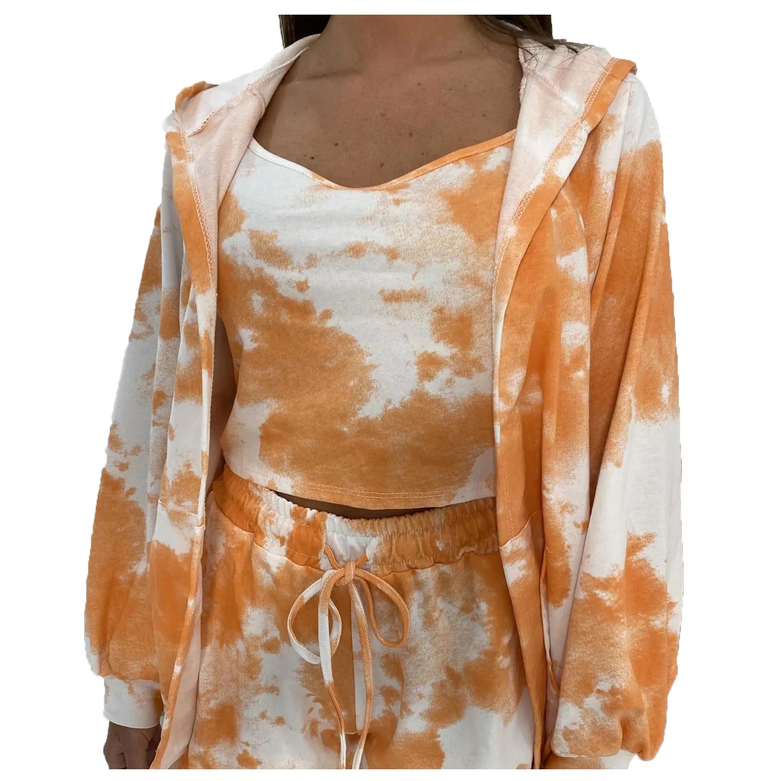 

Fashion Women's Long Sleeve Tie-dye Suspender Loose Coat Three Piece Suit High Street Vintage Jogging Shorts Sportswear Set