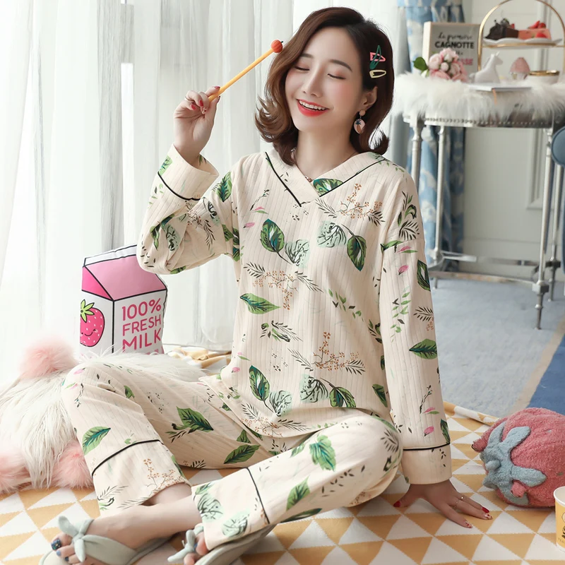 Женская Хлопковая пижама с v-образным вырезом комплект одежды для сна милым