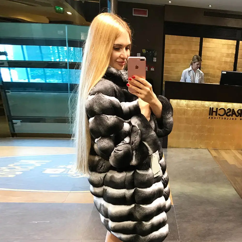 Новое дизайнерское модное женское высококачественное плотное теплое пальто новая цельная Кожа натуральная шиншилла кролик рекс шуба по индивидуальному заказу