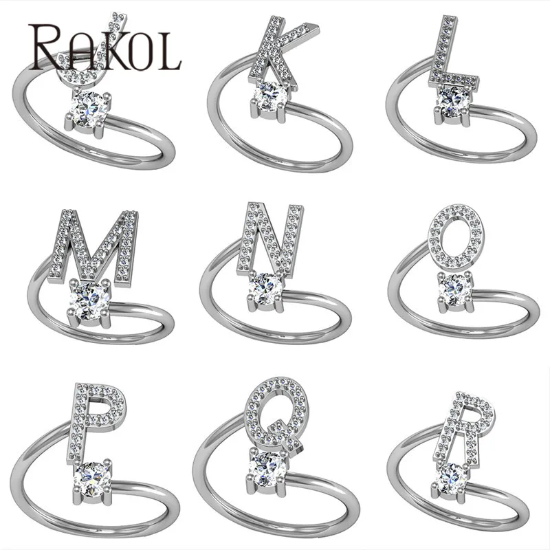 Женские кольца RAKOL белые с английскими буквами и кубическим цирконием вечерние