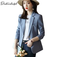 women chic office lady single button blazer vintage coat fashion notched collar long sleeve ladies outerwear stylish blue tops