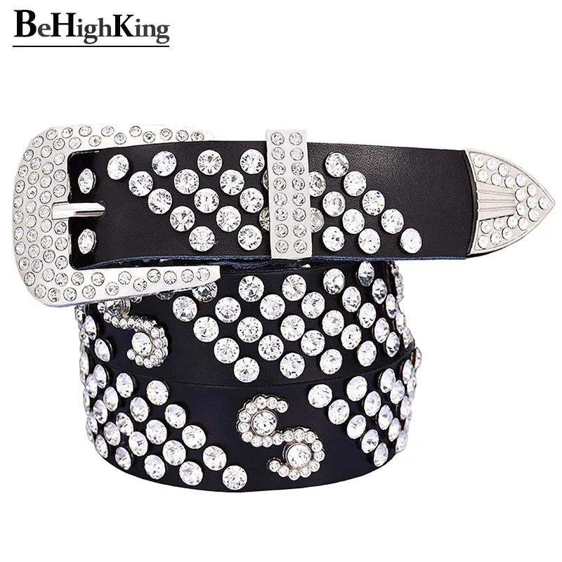 Fashion rhinestone belts for women Quality genuine leather belt female Shining diamond silver Pin buckle strap Width 3.3 cm