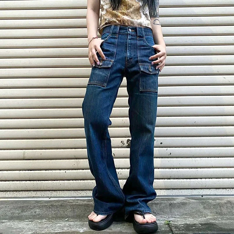 

Джинсы-карго Женские однотонные, прямые штаны из денима в стиле ретро, с низкой посадкой, с карманами, винтажные синие мешковатые джинсы, Y2k