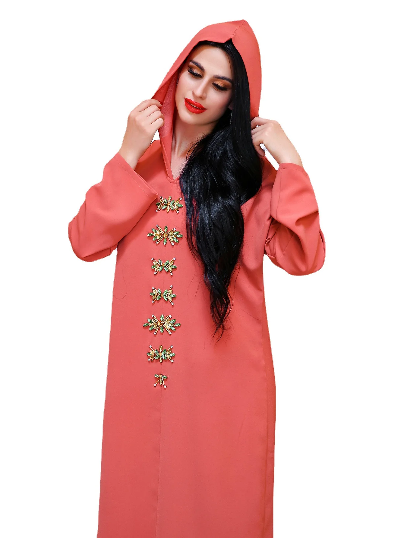 

2021 Summer New Dubai Robe Sunset Red Handmade Diamond Hooded Robe ABAYA Muslim Middle East Southeast Asia Women's Robe