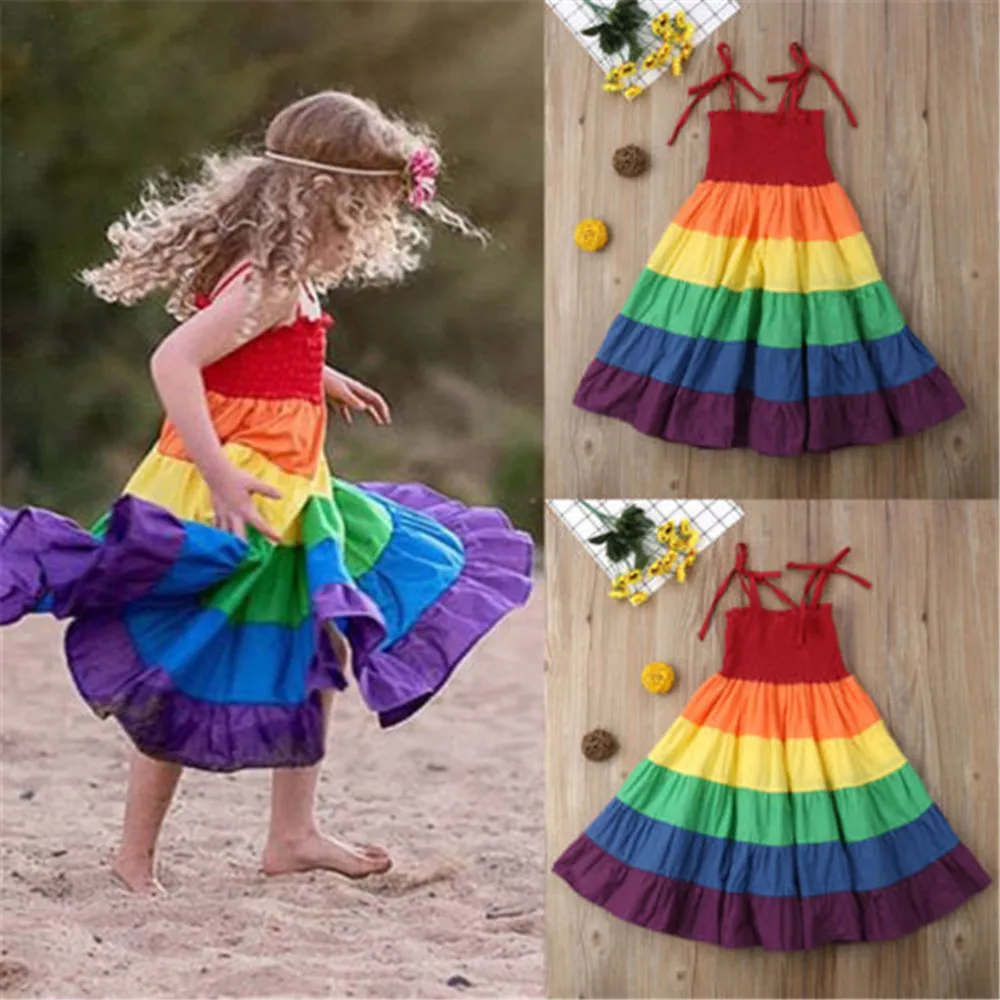 

Baby Girl Dress 2021 Kids Girl Rainbow Pageant Party Princess Dress Sundress Colorful Clothes Flower Girl Dresses Kids Clothes