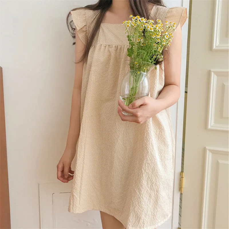 Cotton lotus edge sweet sling skirt Korean summer Plaid nightdress women lovely home dress lady nightgown Female sleepwear
