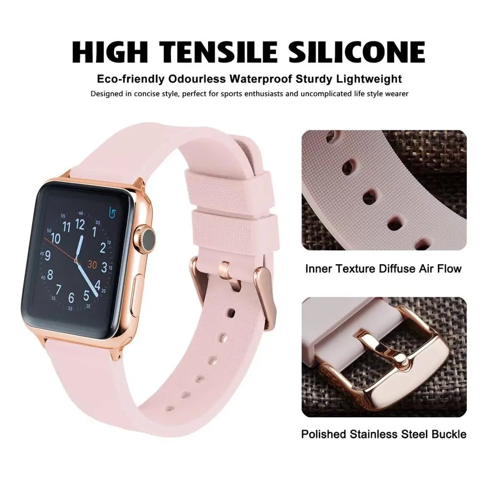 WOCCI Silicone Watch Band with Rose Gold Adapter for Apple Watch 38mm 40mm 42mm 44mm